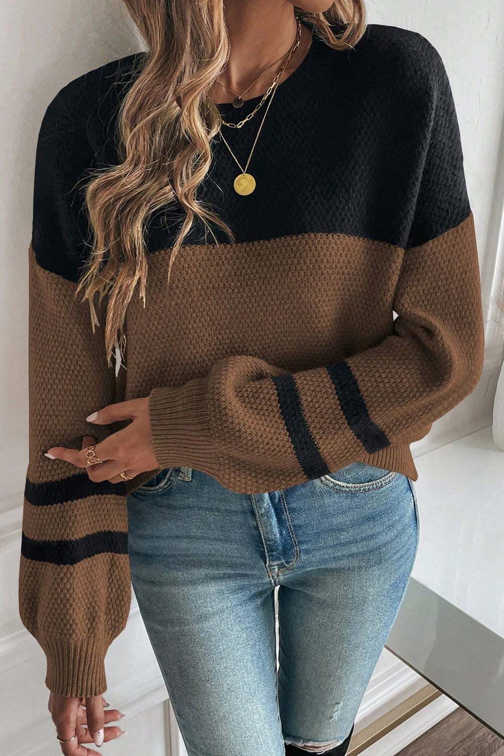 Dark Brown Color Block Knit Striped Sleeve Detail Casual Sweater