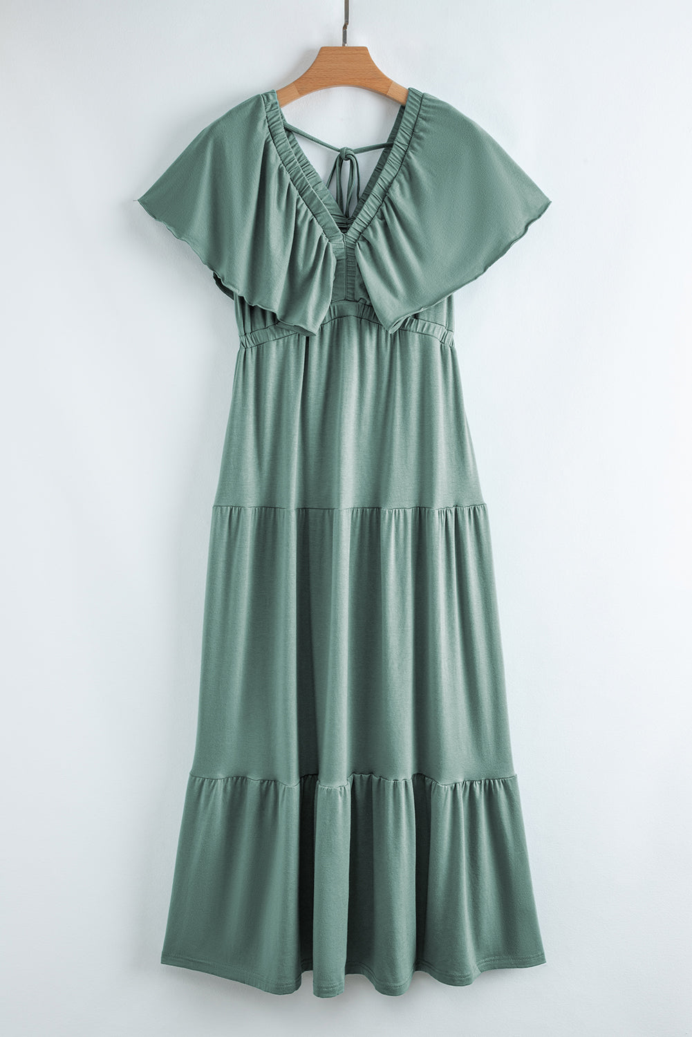 Parchment Textured V Neck Flutter Sleeve Ruffled Maxi Dress