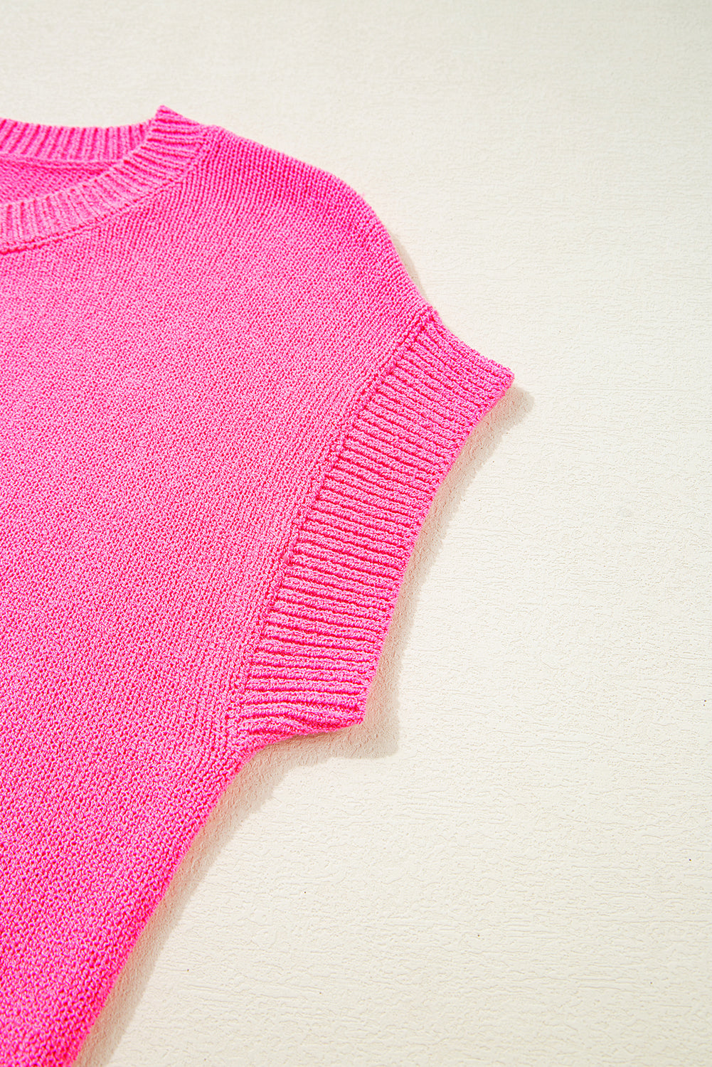 Bright Pink Distressed Hem Short Sleeve Knitted Button Front Sweater