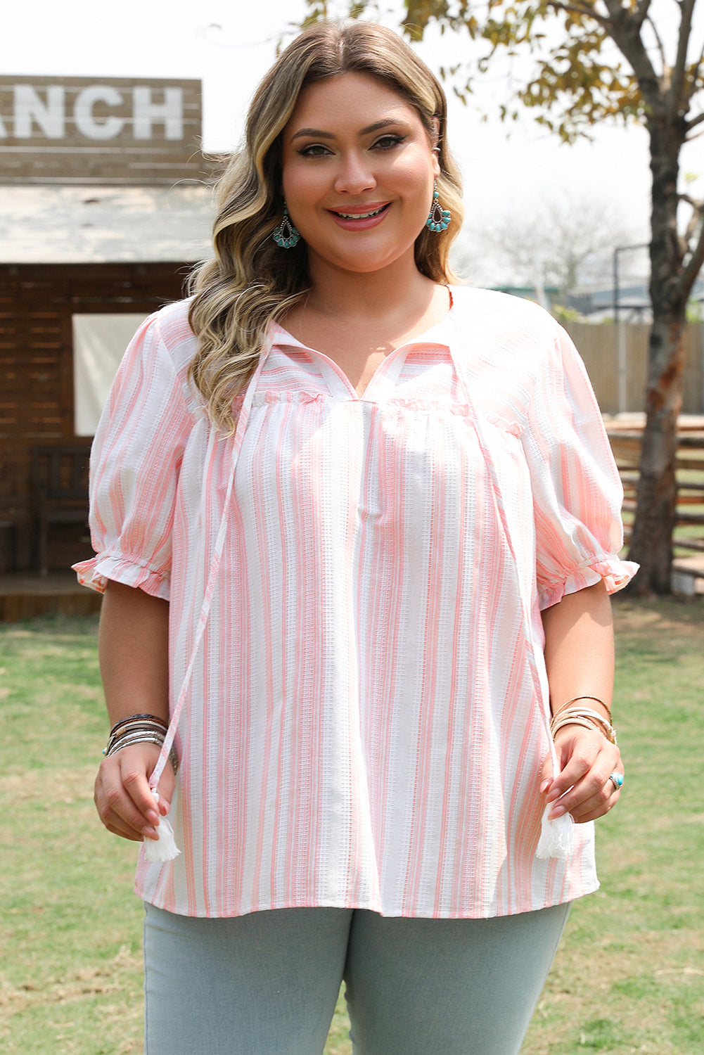 Pink Stripe Plus Size Tassel Tie Frilled Detail Short Sleeve Blouse