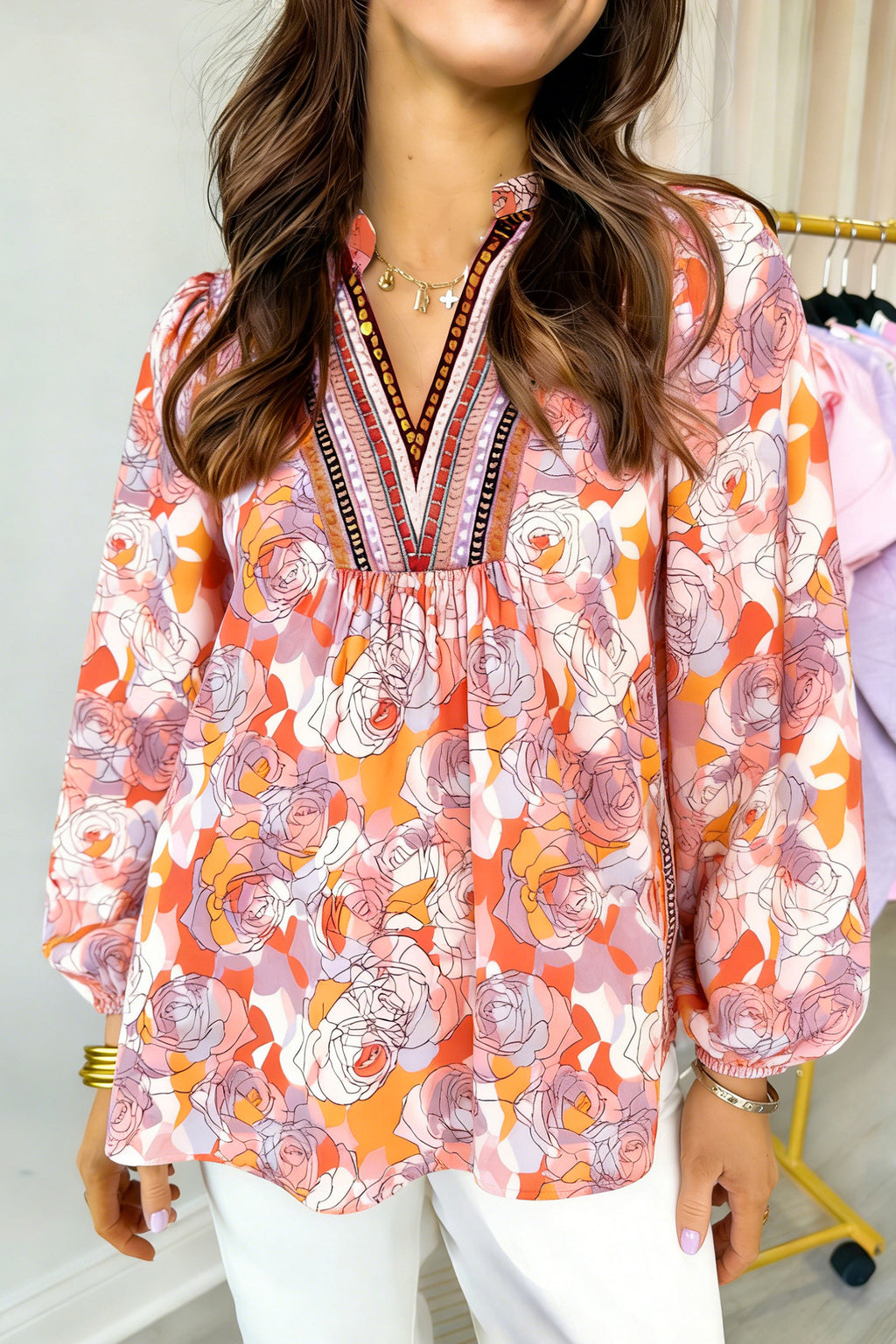 Pink Floral Print V Neck Long Sleeve Shift Blouse