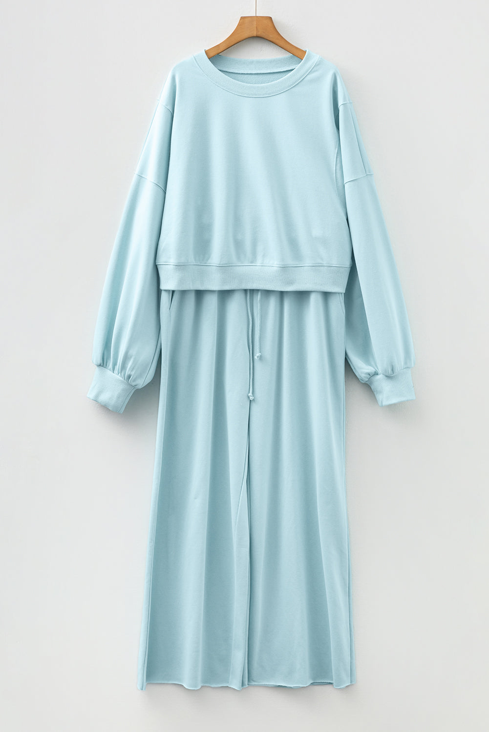 Light Pink Drop Shoulder Puff Sleeve Crop Pullover Drawstring Wide Leg Pants Set