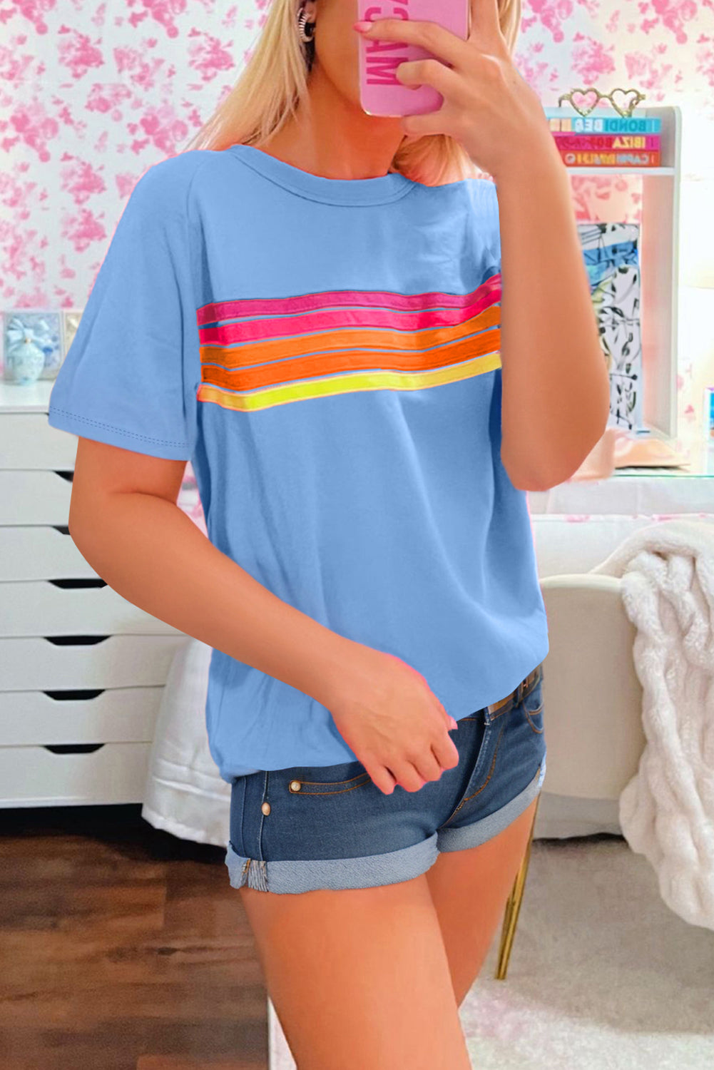 Black Striped Patch Front Casual Tee