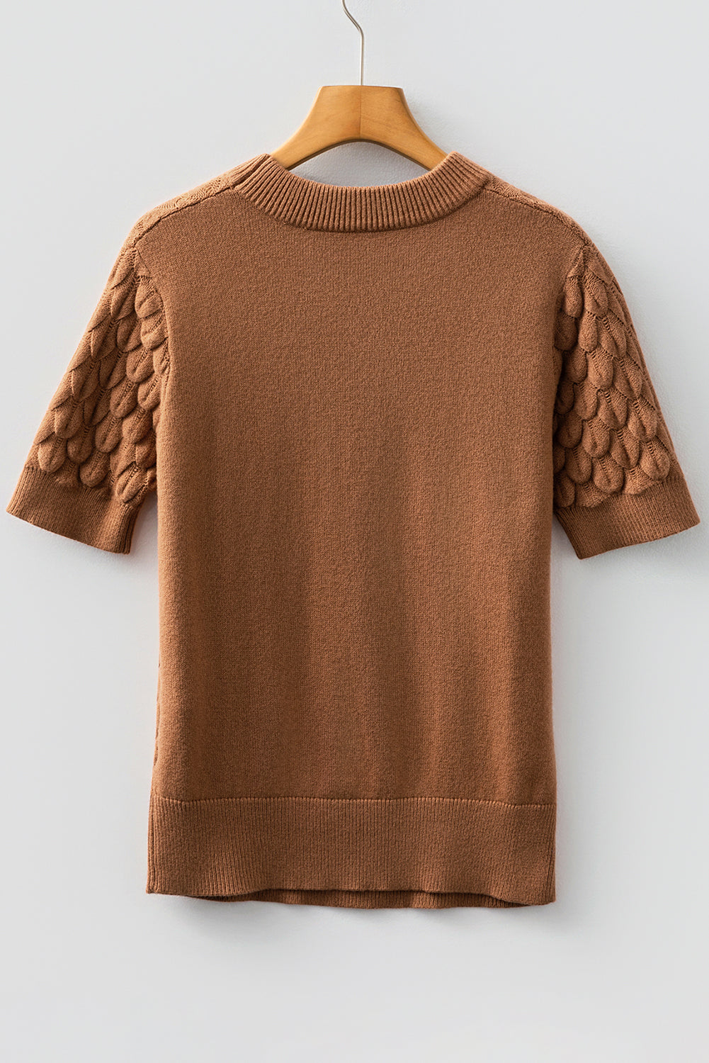 Straw Yellow Fish Scale Textured Knit Ribbed High Neck Short Sleeve Sweater