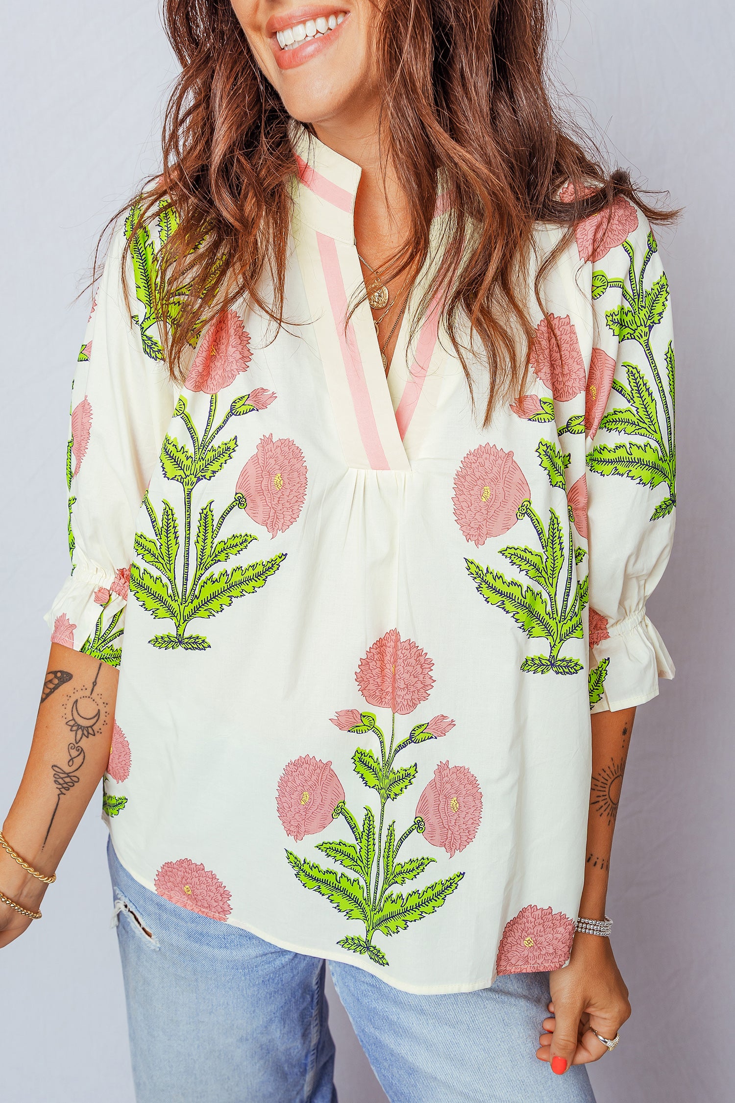 Sky Blue Casual Wild Flower Print V Neck 3/4 Sleeve Blouse