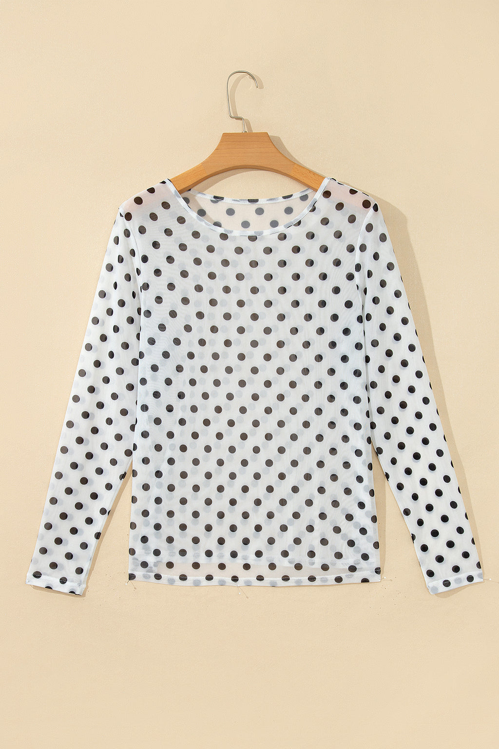 Black Polka Dot Sheer Mesh Long Sleeve Round Neck Shift Top