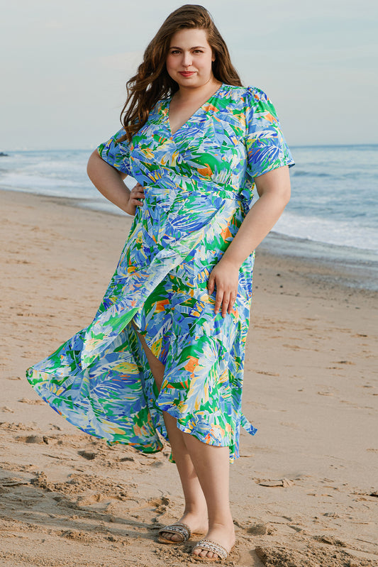 Green Leaves Print Short Sleeve Surplice Neck Ruffled Trim Plus Size Maxi Dress