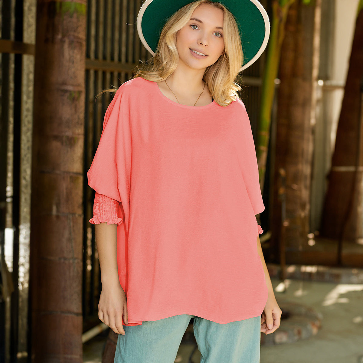Pink Smocked Wrist Shift Top