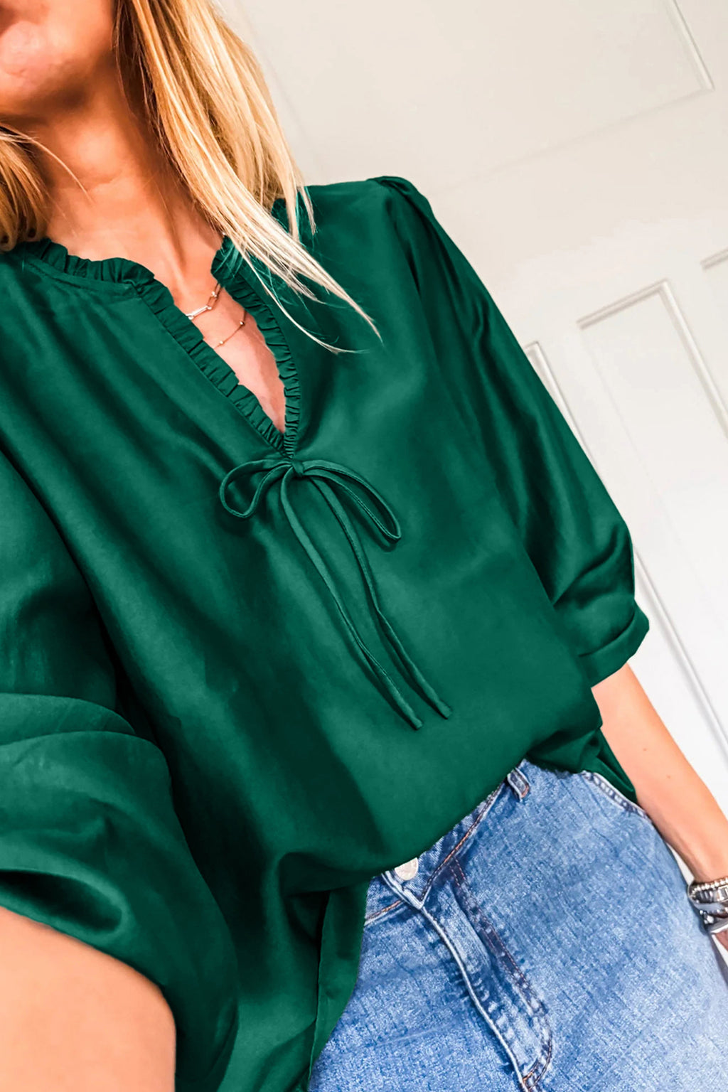 Fiery Red Solid Color Frilled V Neck Bow Detail 3/4 Sleeve Blouse
