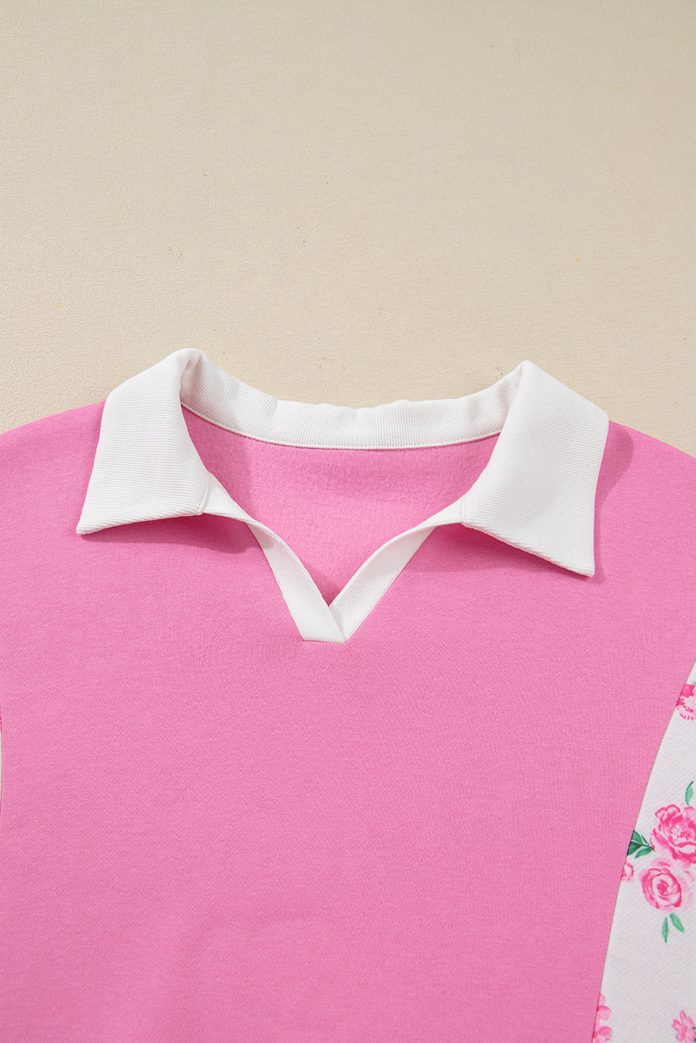 Pink Plus Size Contrast Polo Collar Floral Patchwork Elastic Cuffs Long Sleeve Top