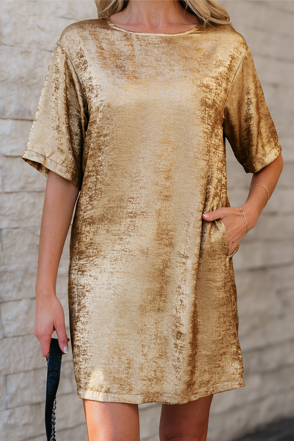 Gold Metallic Luster Crewneck Mini T-Shirt Dress