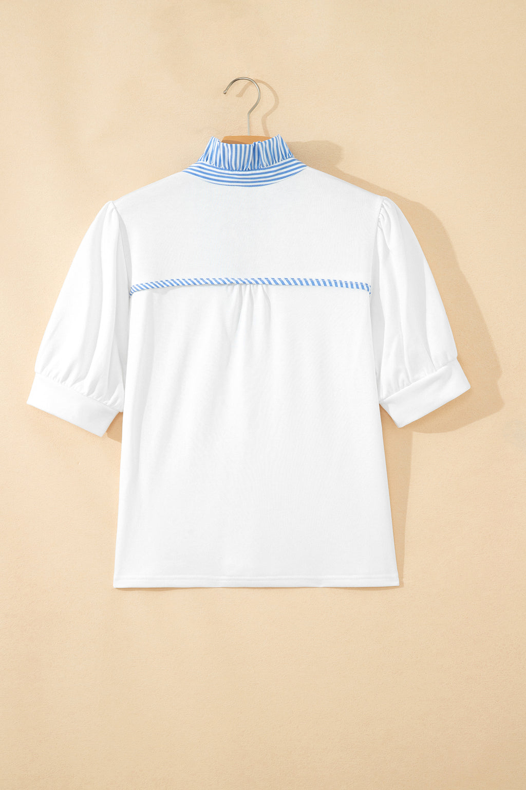 Sky Blue Striped Frilled Collar Short Sleeve Blouse