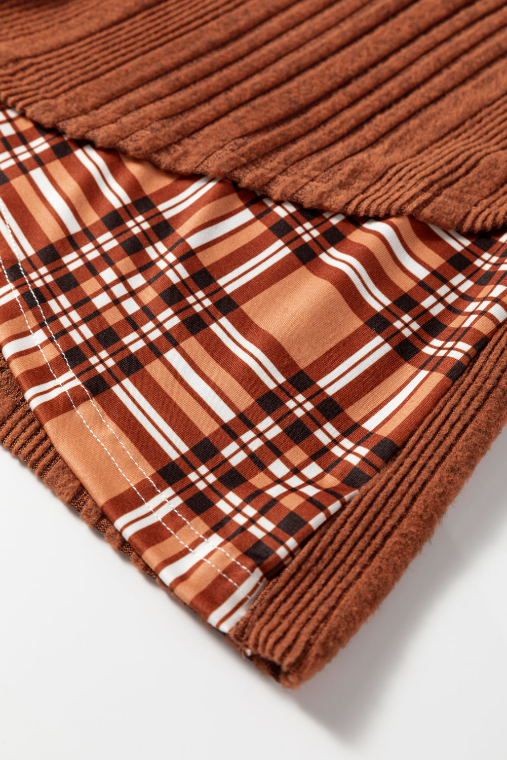 Chestnut Plaid Patchwork Ribbed Knit Drawstring Hooded Top