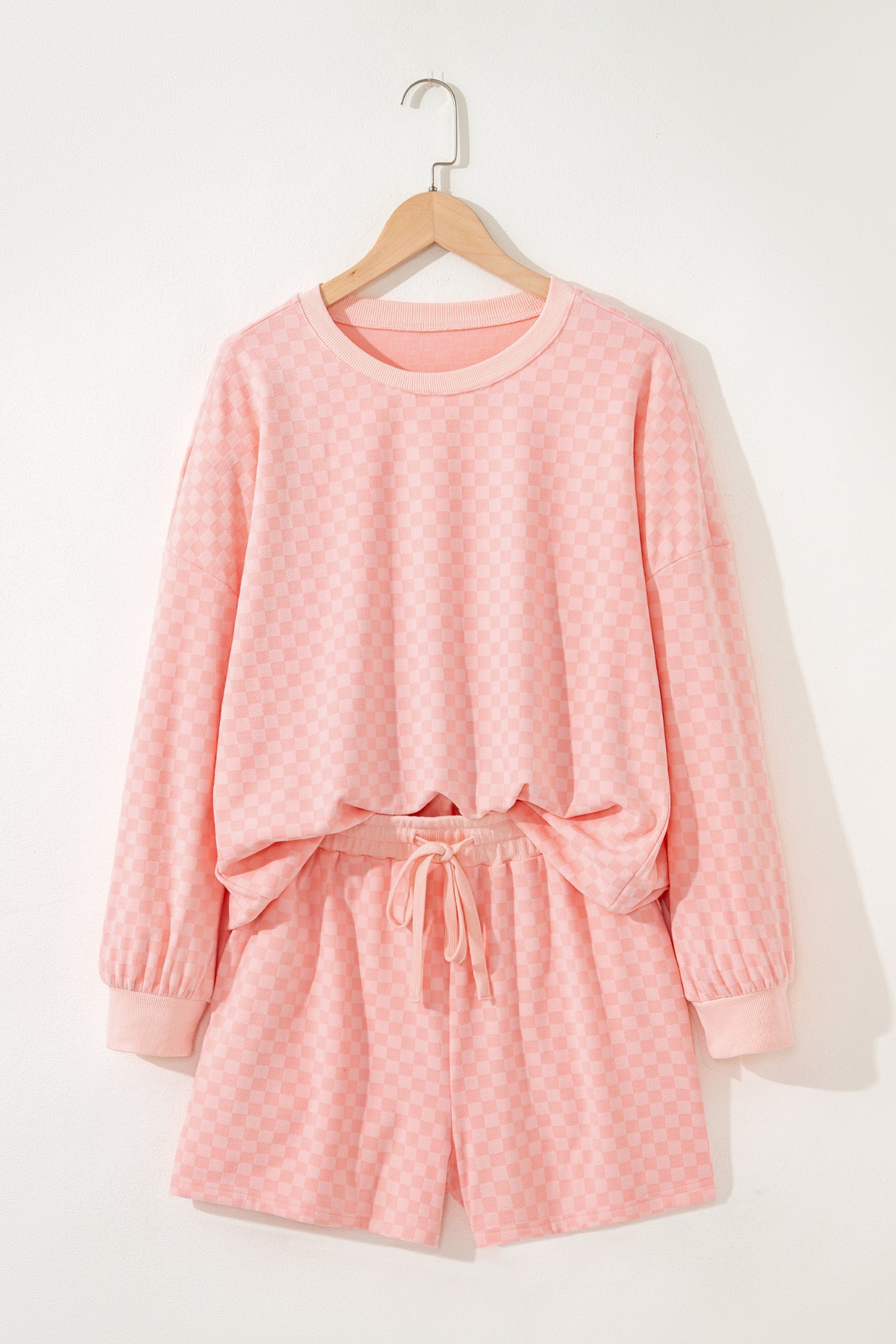 Sky Blue Checkerboard Long Sleeve Pullover and Shorts Set