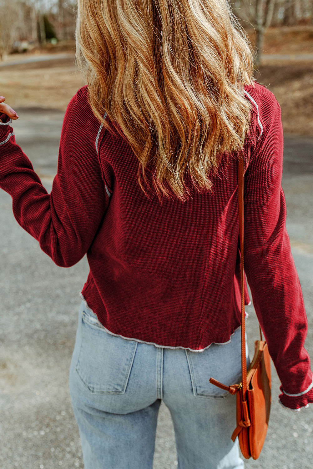 Gray Textured Round Neck Long Sleeve Top