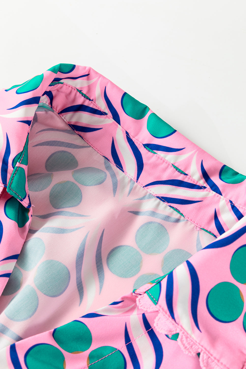 Pink Geometric Floral Print V Neck Ricrac Trim Short Sleeve Mini Dress