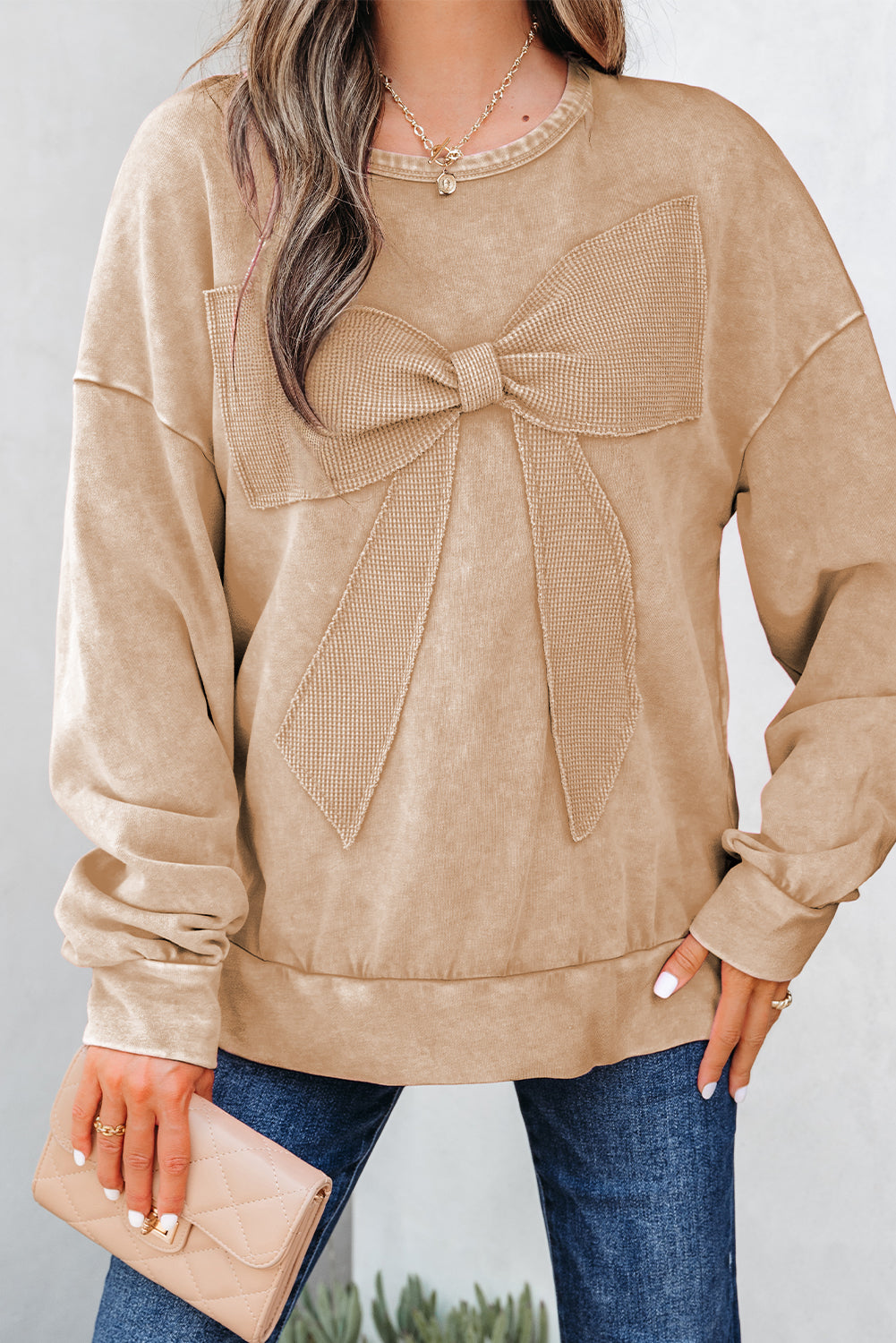 Bright Pink Mineral Wash Big Bow Patchwork Pullover Sweatshirt