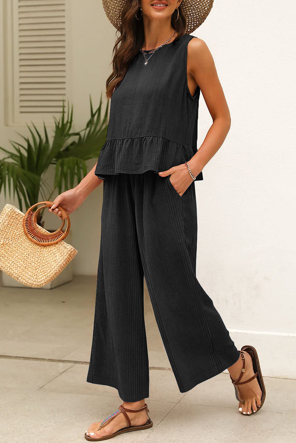 Green Solid Color Ribbed Ruffle Tank Top and Pants Set