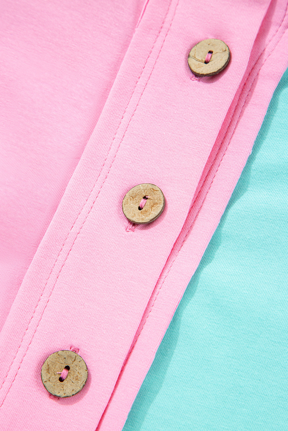 Mint Green Colorblock Patchwork Short Sleeve Buttons Plus Size Henley Top