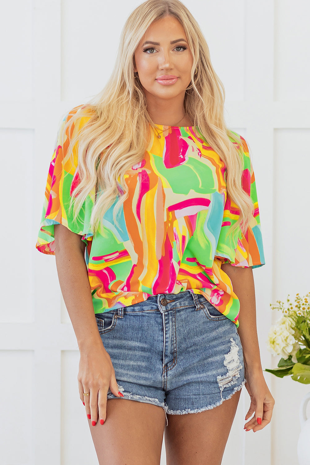 Multicolour Abstract Print Keyhole Back Pleated Half Sleeve Blouse