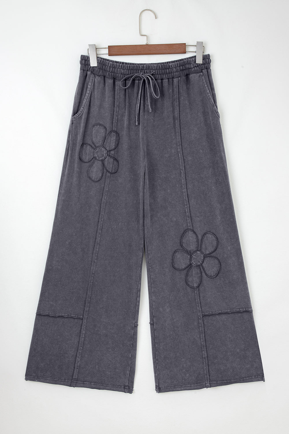 Light Grey Flower Patch Mineral Washed Terry Knit Cropped Wide Leg Pants