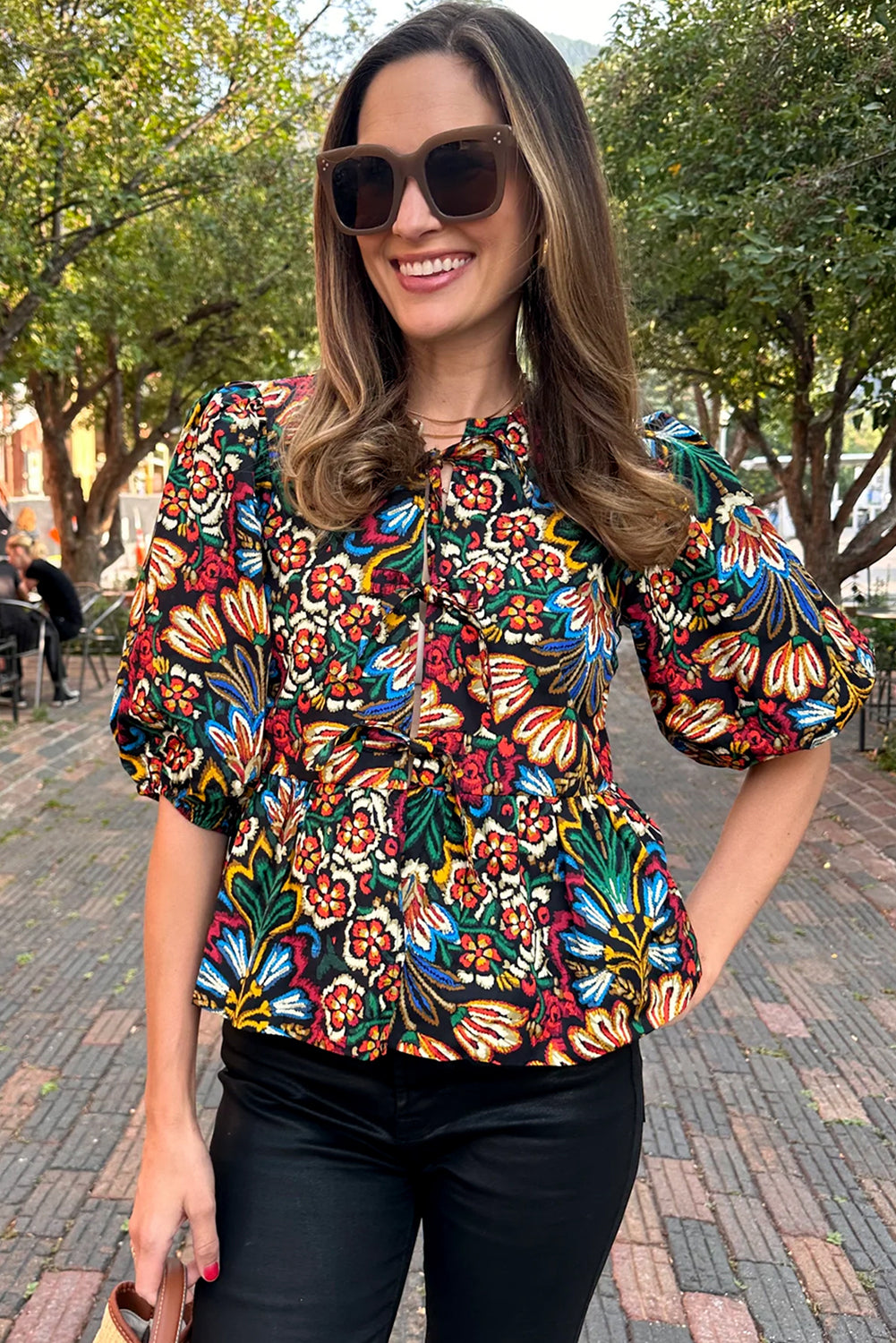 Black Tropical Print Bubble Sleeve Knot Front Blouse