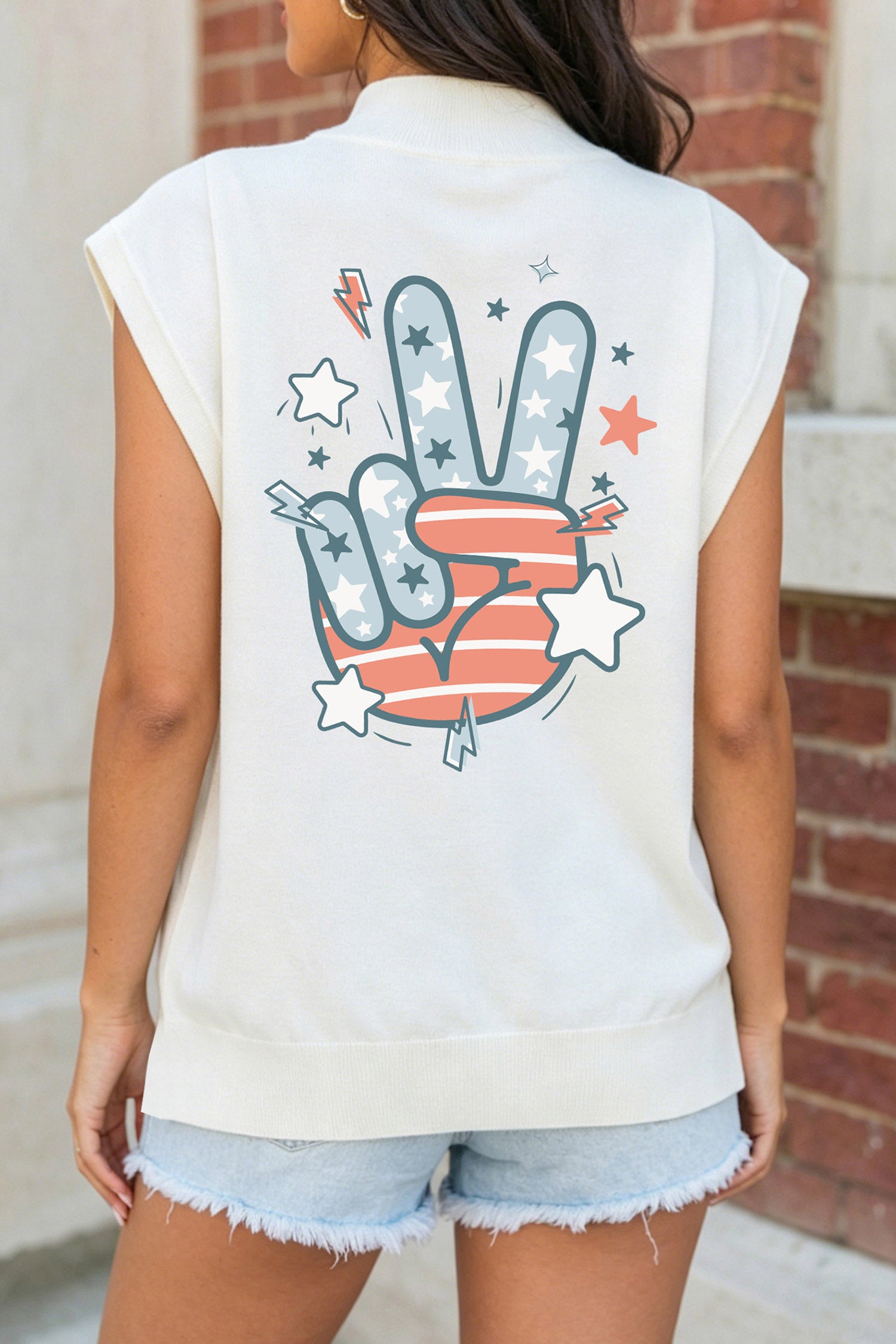 White USA/ Patriotic Victory Double Side Printed Mock Neck Tee