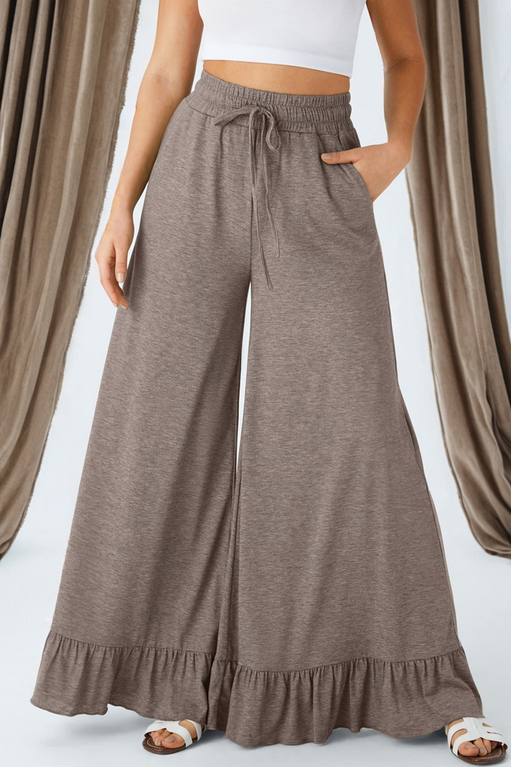 Medium Grey Ruffled Wide Leg Pull On High Waist Pants with Pockets