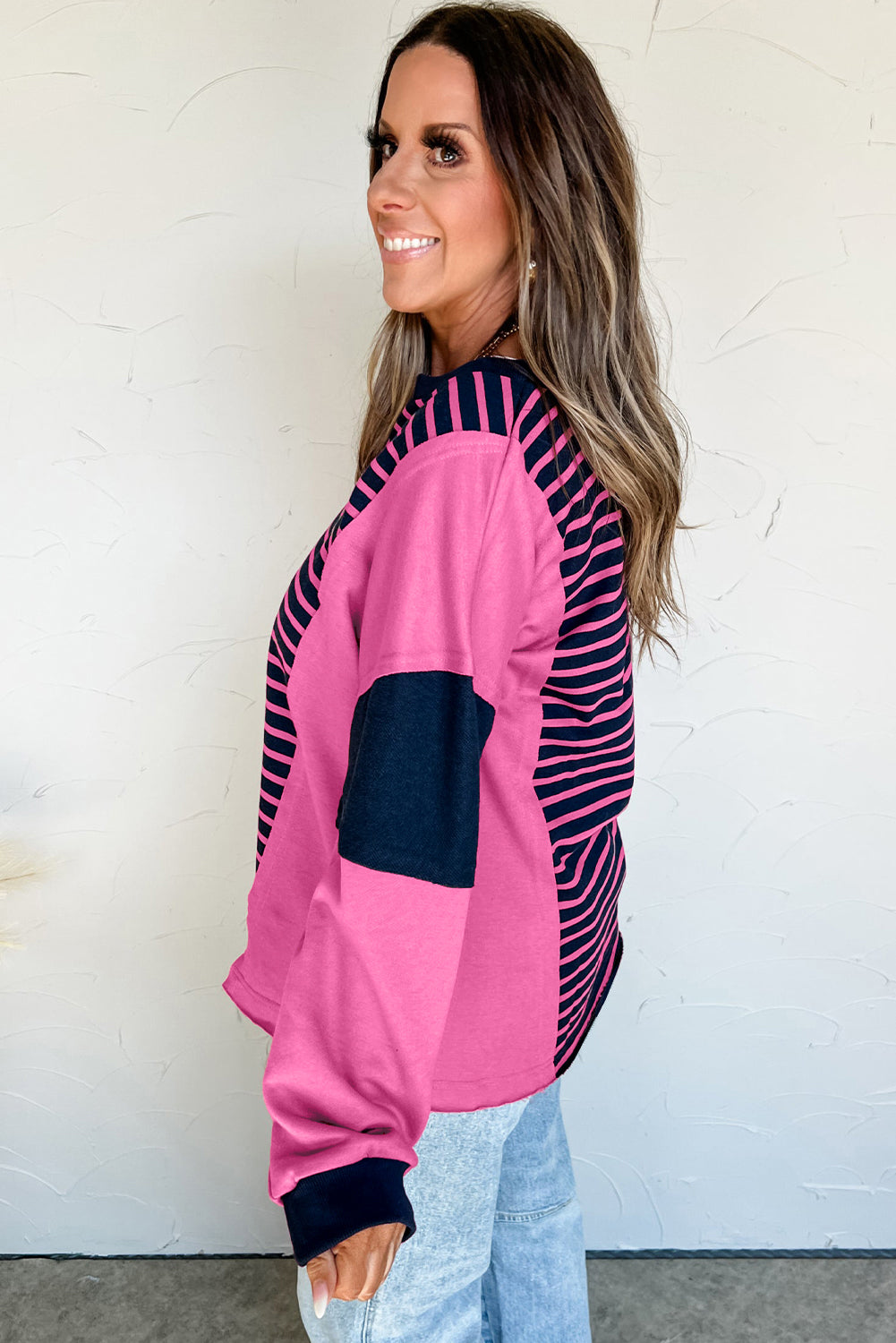 Pink Stripe Color Block V Neck Loose Fit Long Sleeve Top