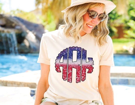 Red, White & Blue Glitter Monogram Shirt