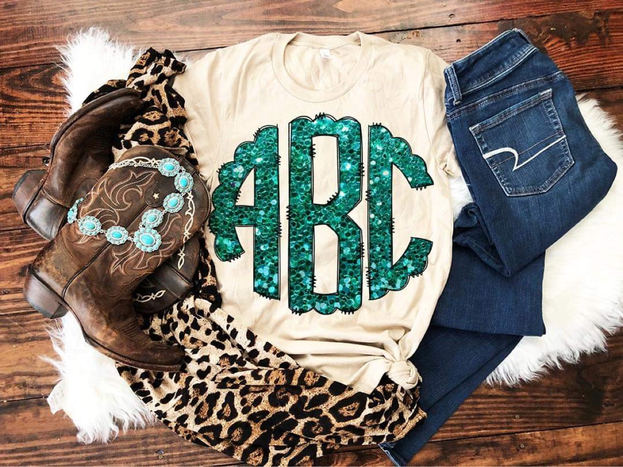 Teal Glitter Monogram Shirt