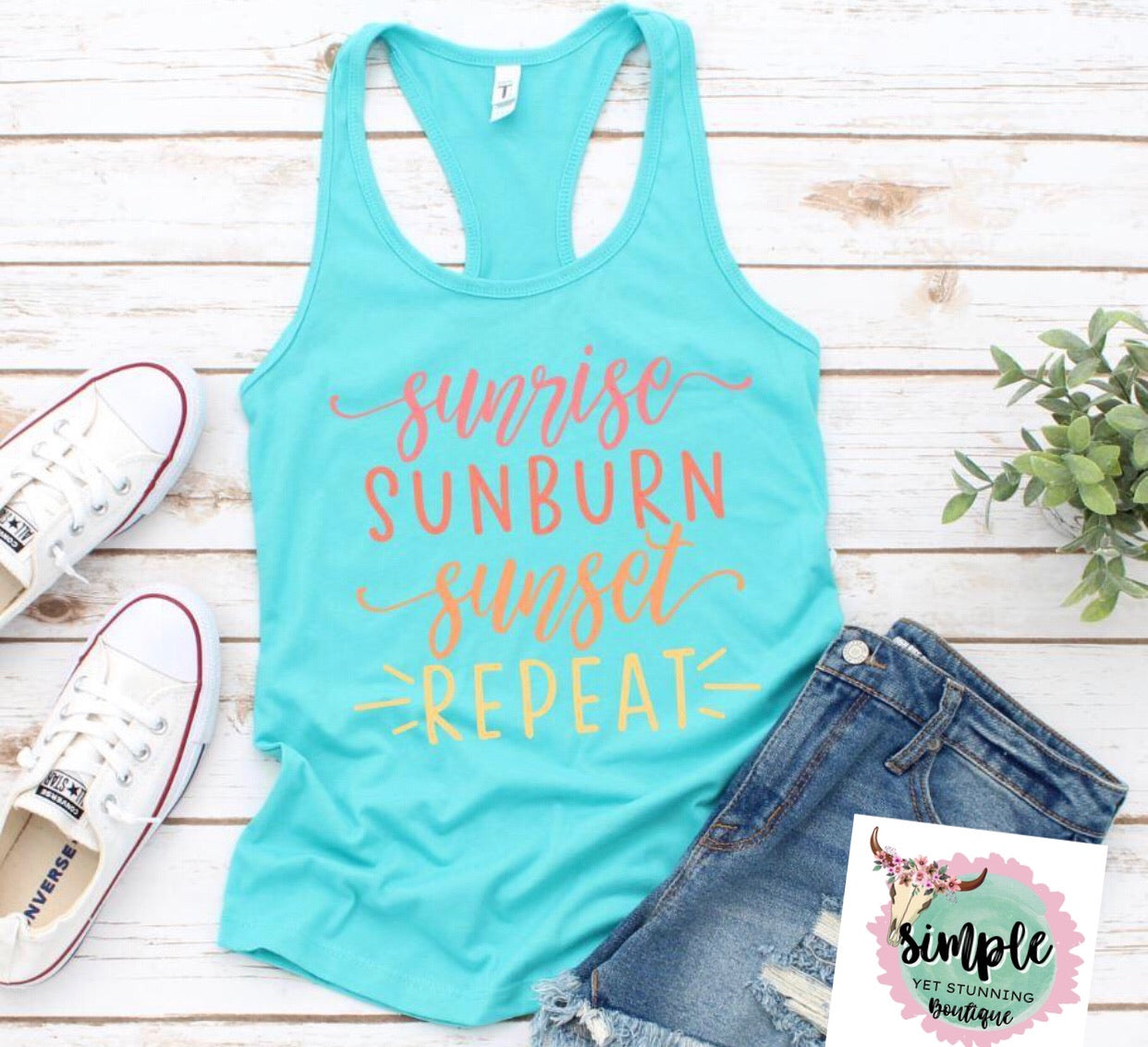 Sunrise, sunburn, sunset repeat graphic tank