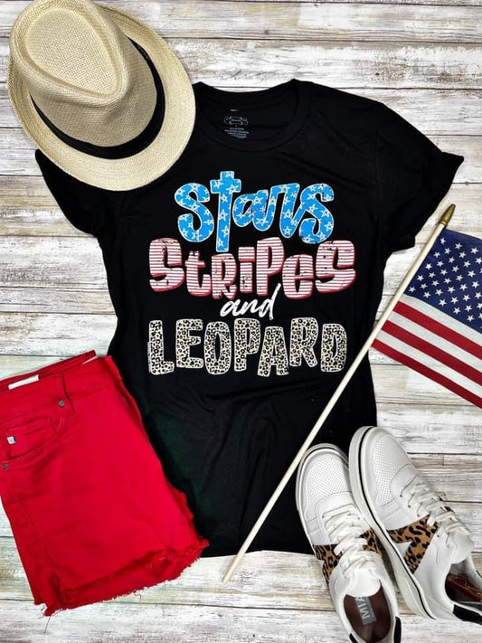 Stars Stripes and Leopard v neck graphic tee