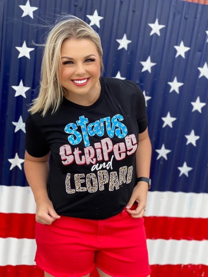 Stars Stripes and Leopard v neck graphic tee